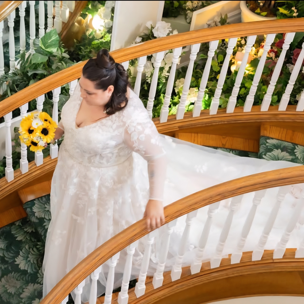 Beautiful Wedding Dress With Bustle And Train Champagne Ivory Long Sleeves